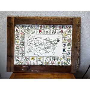 Vintage FRAMED Embroidered USA Map Of States & State Flowers 1972 Paragon